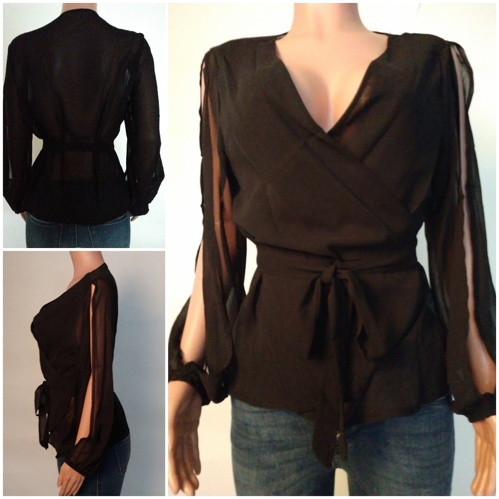 V-Neck, wrapped, sheer blouse with slit sleeves. - Picture 2 of 4
